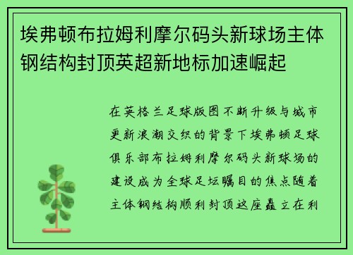 埃弗顿布拉姆利摩尔码头新球场主体钢结构封顶英超新地标加速崛起 埃弗顿布拉姆利摩尔码头新球场主体钢结构封顶英超新地标加速崛起